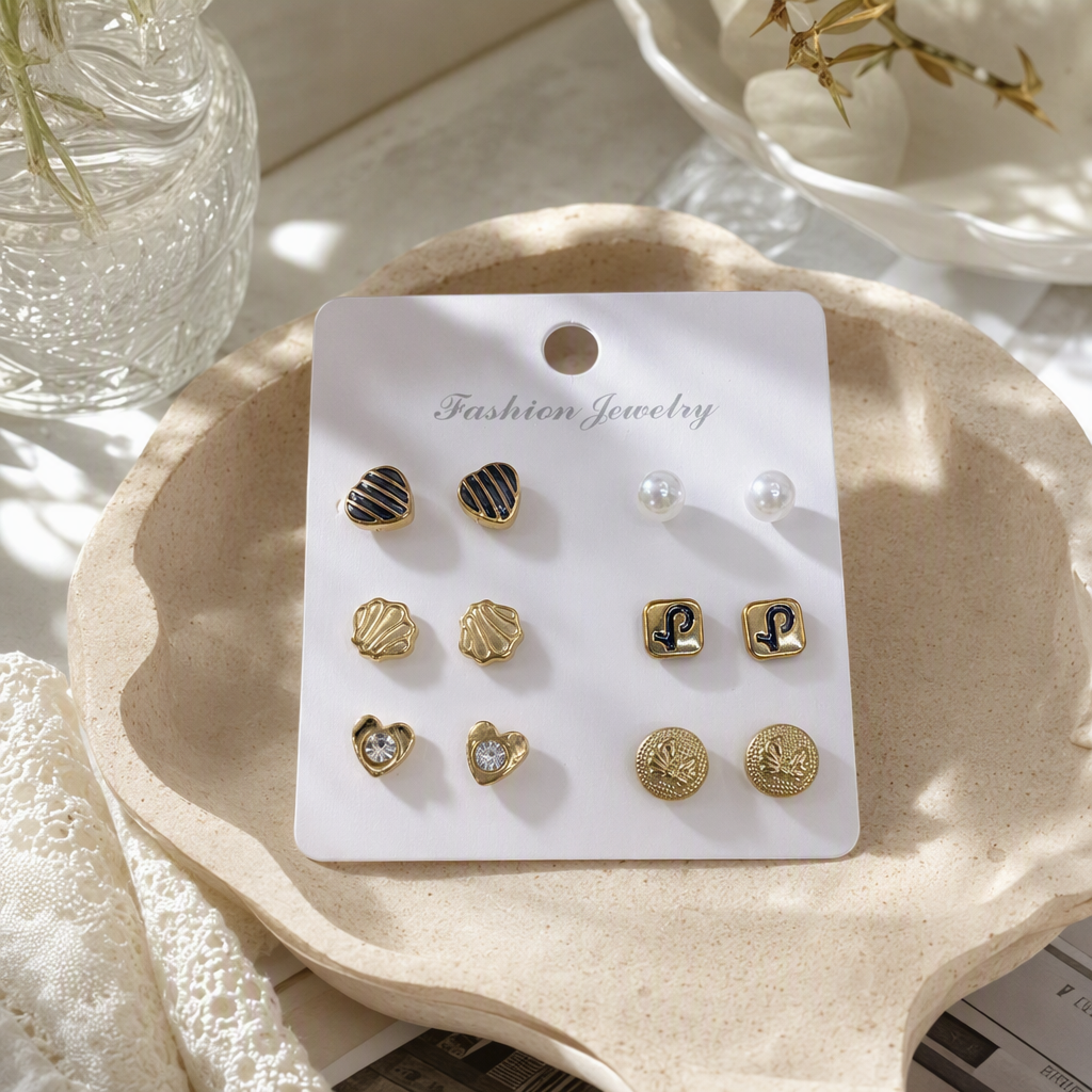 White card-mounted fashionable stud earrings set, simple and elegant, versatile earrings set gift box style details Picture