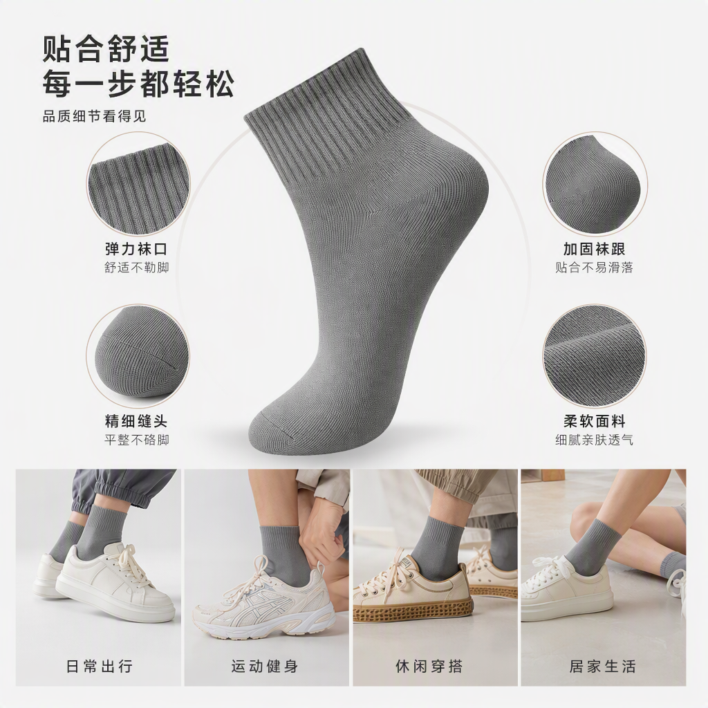 Comfortable, breathable, casual short sports socks for men and women, grey, versatile, thin spring and summer style