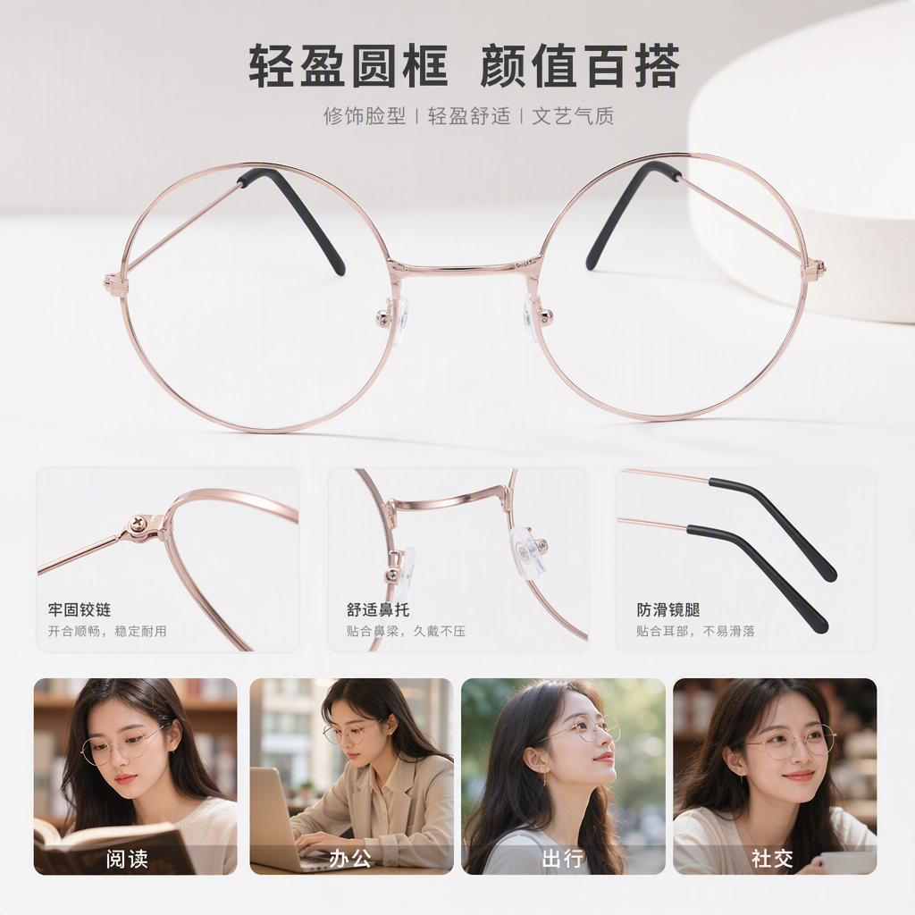 Fashionable rose gold round-framed glasses for both men and women, simple and retro trendy casual eyewear accessories