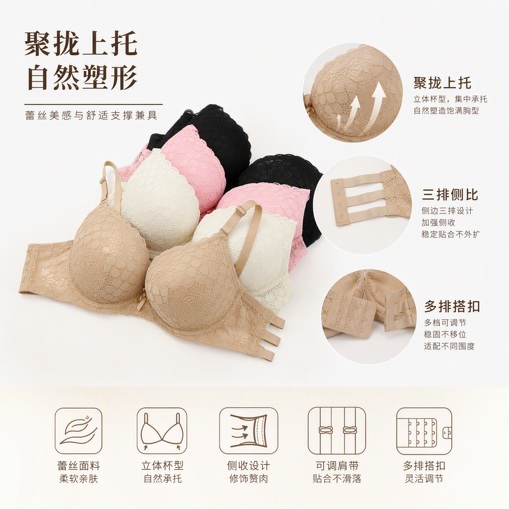 Beige lace cup bra, pink, black and white multi-color combination, comfortable, breathable and sexy lace underwear for women