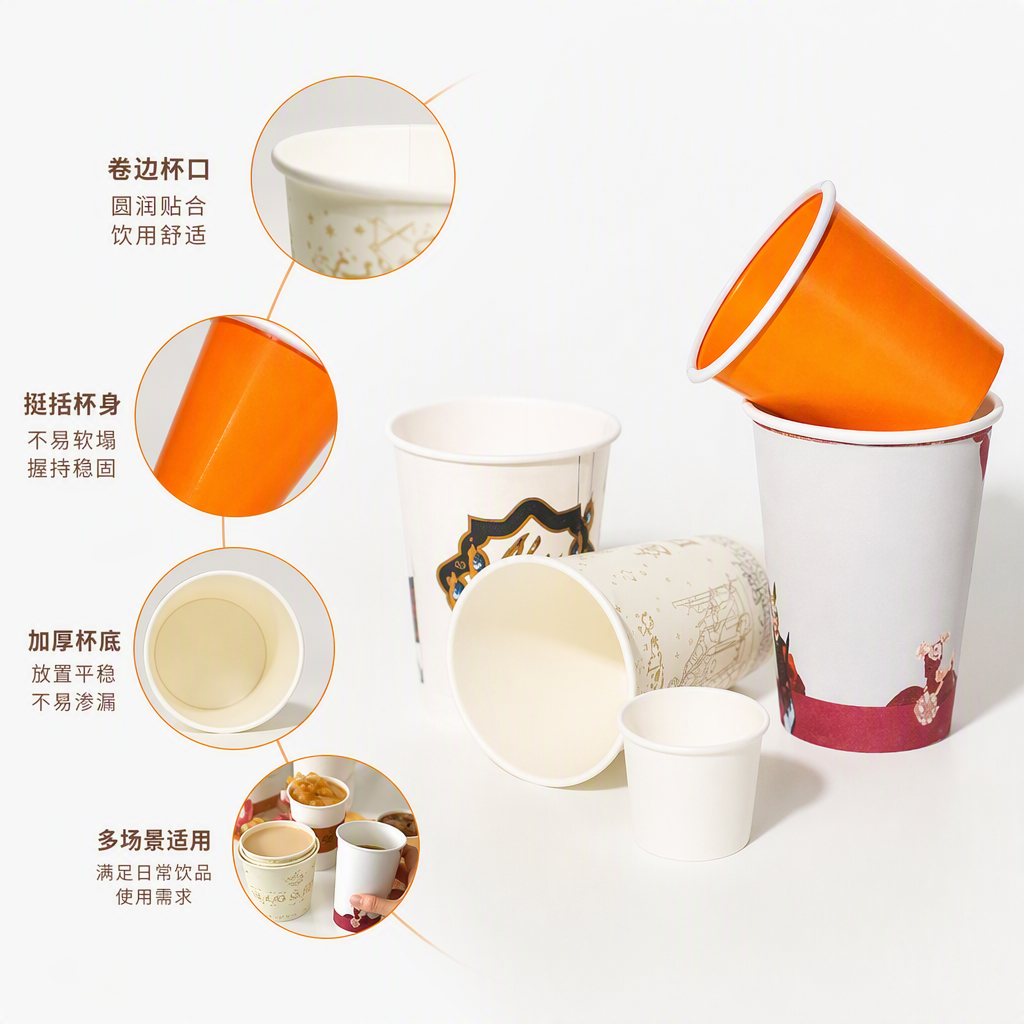 Eco-friendly disposable paper cups, various portable dining supplies, paper containers, heat-resistant and durable, family gathering utensils Specification image
