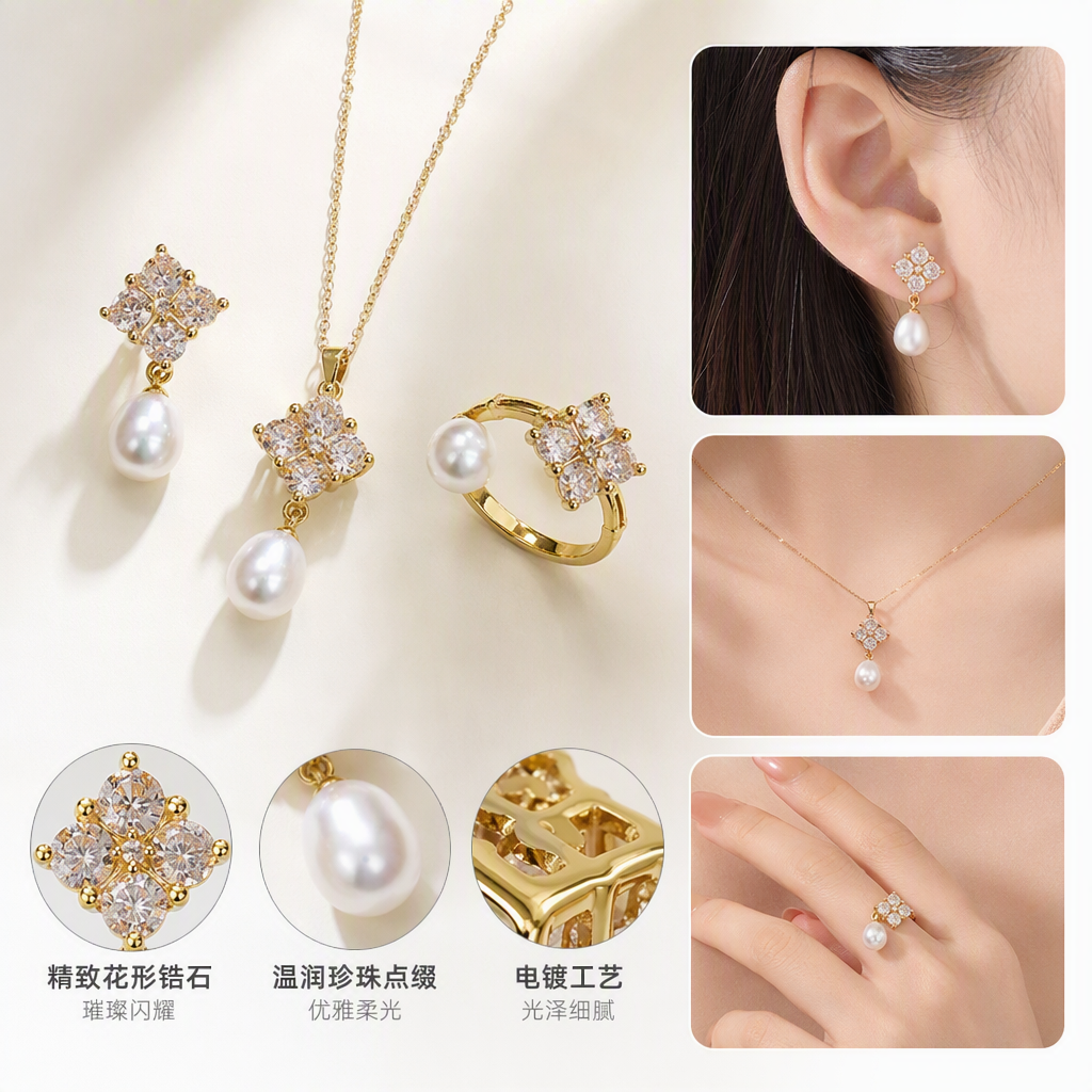 Forma de flor de oro perla conjunto de joyas moda elegante temperamento accesorios regalo regalo novia cumpleaños nuevo