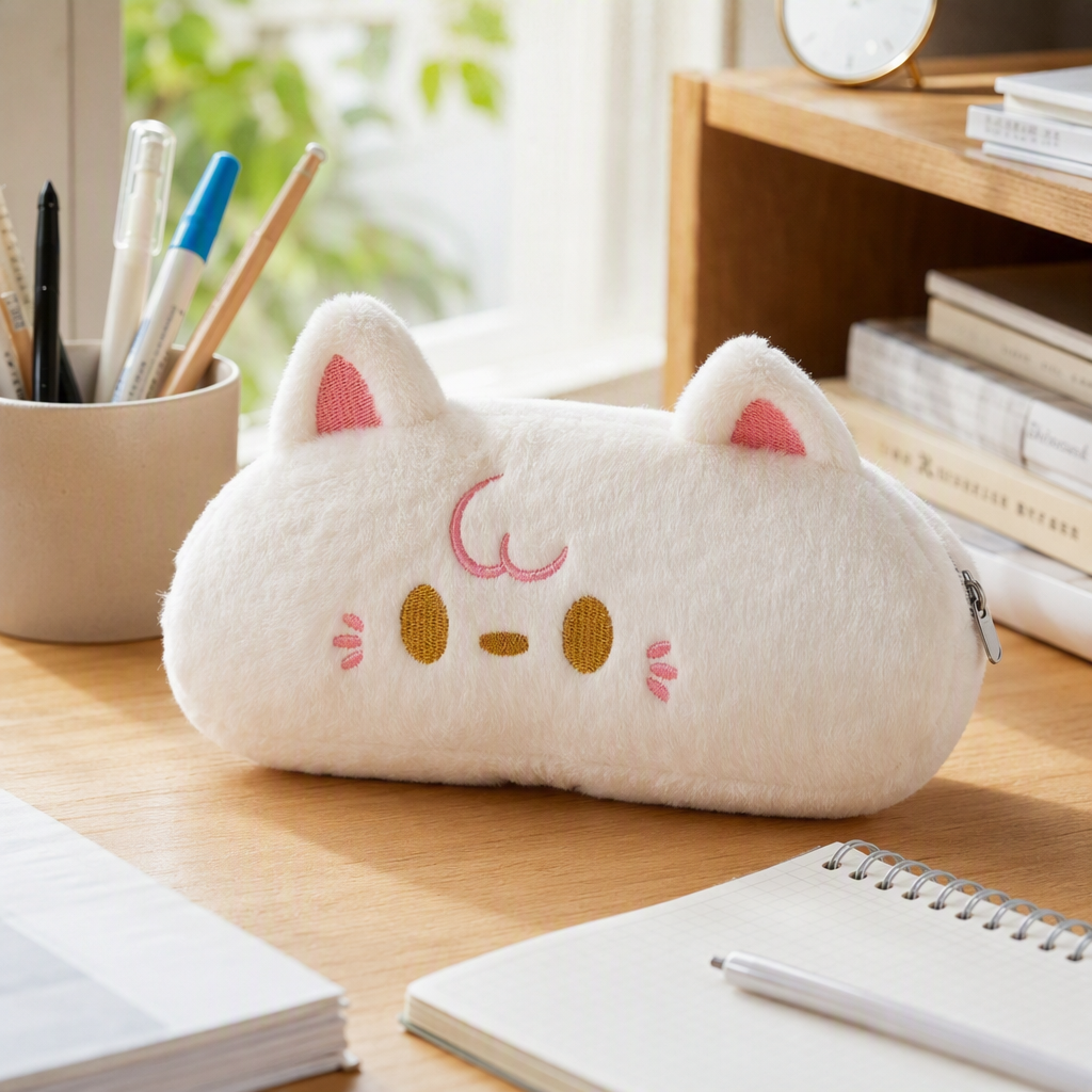 白色毛绒猫形收纳包多功能首饰盒珠宝串珠木质项链收纳盒礼品赠品笔袋