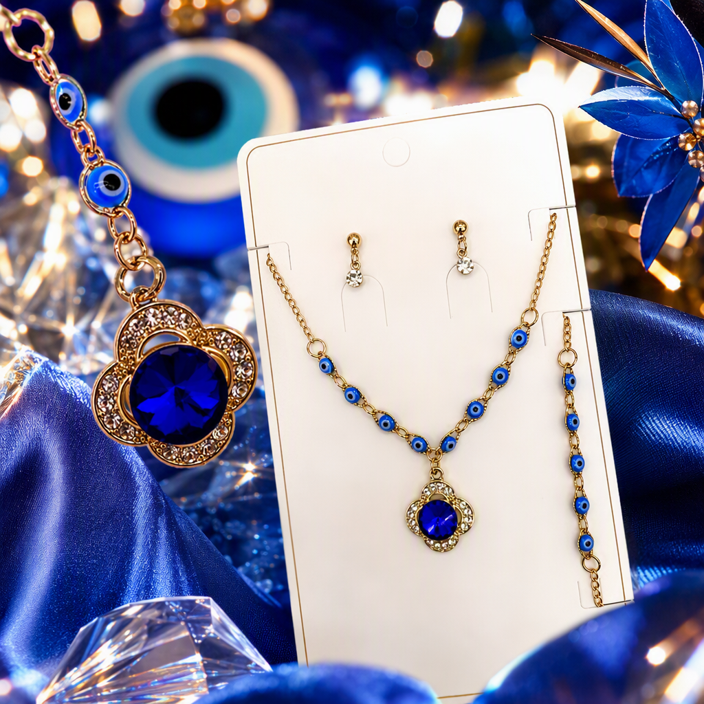 Blue Devil's Eye Four-leaf Clover Pendant Set, necklace, bracelet, earrings, Accessories, Fashion Gift box packaging Specification image