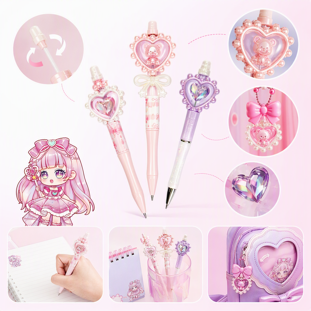 Hilo rosa DIY beading spinning goo pen toy set contiene corazón arco cuerpo pluma spinning pluma desmontar beading anime girl decoración