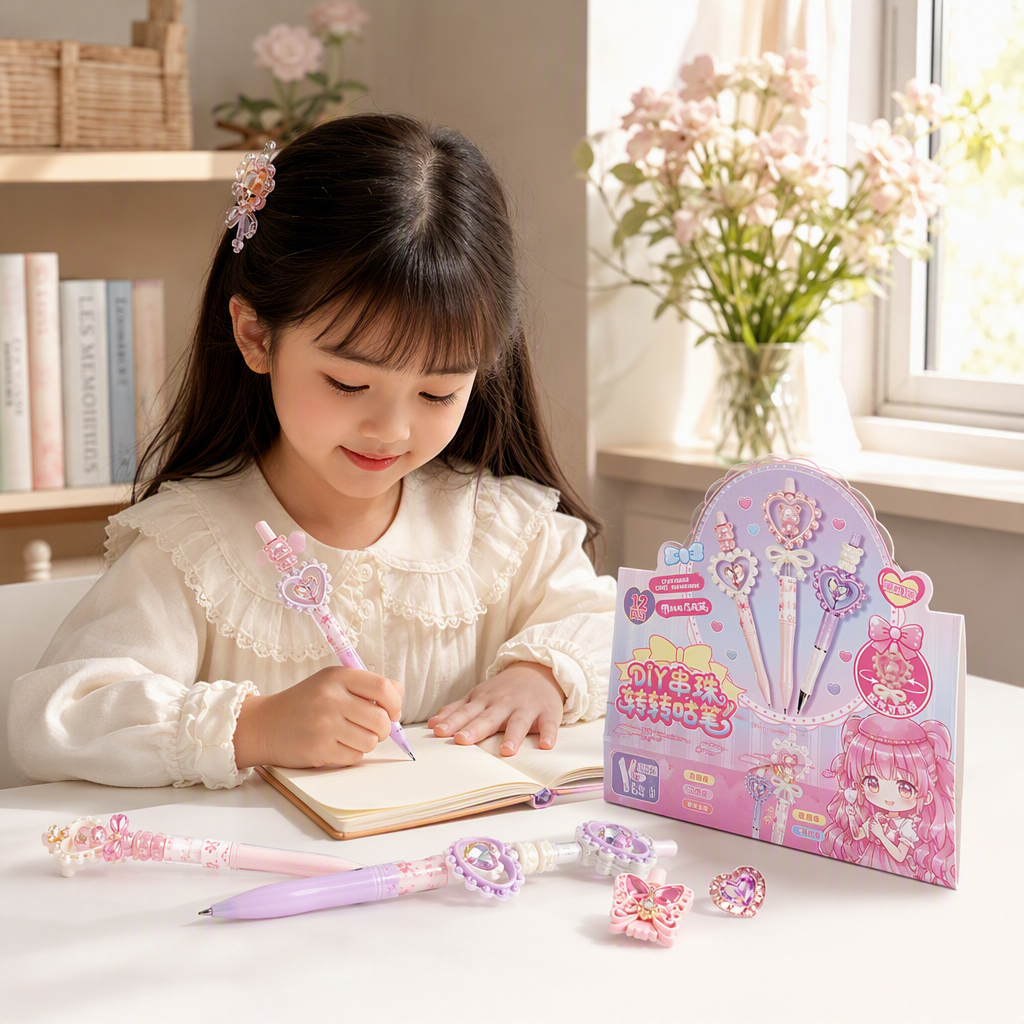 Hilo rosa DIY beading spinning goo pen toy set contiene corazón arco cuerpo pluma spinning pluma desmontar beading anime girl decoración details Picture