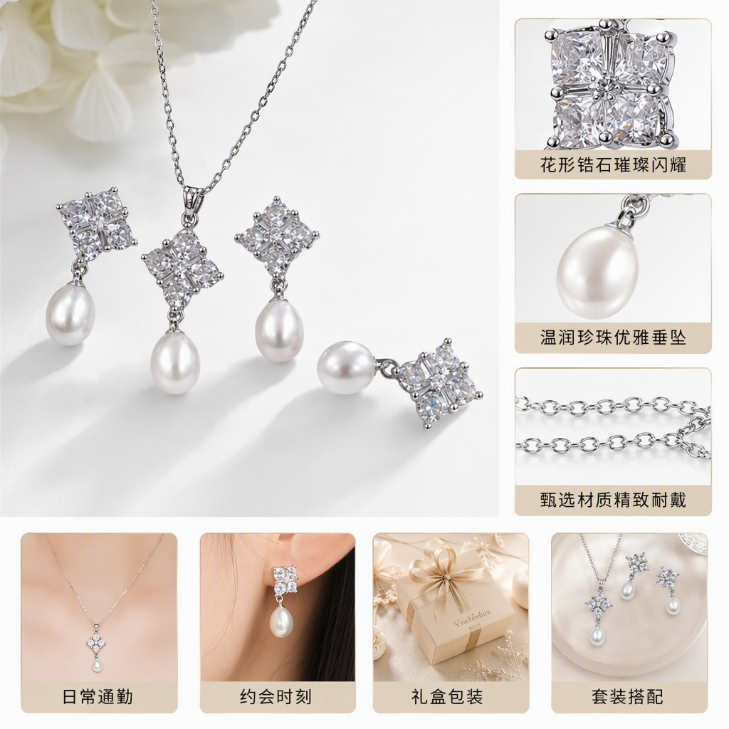 Fashionable silver pearl and diamond jewelry set for women's wedding and wedding accessories, elegant and full set of accessories