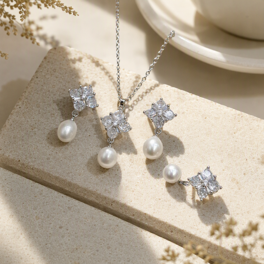Fashionable silver pearl and diamond jewelry set for women's wedding and wedding accessories, elegant and full set of accessories details Picture