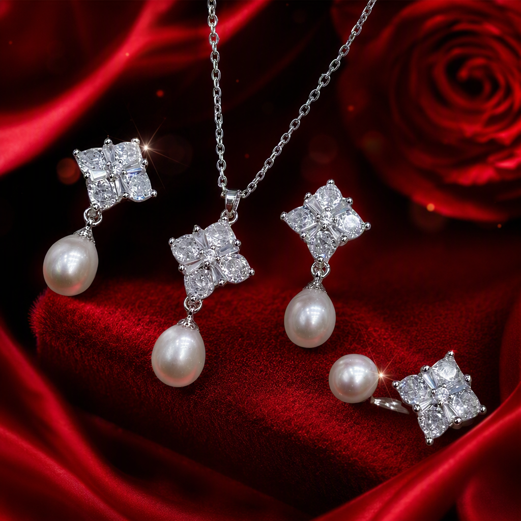 Fashionable silver pearl and diamond jewelry set for women's wedding and wedding accessories, elegant and full set of accessories Specification image