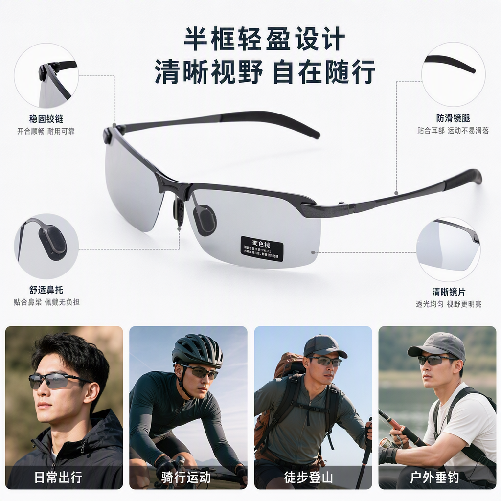 Metal-framed color-changing sunglasses, fashionable polarized sunglasses, men's and women's UV-resistant trendy sunglasses