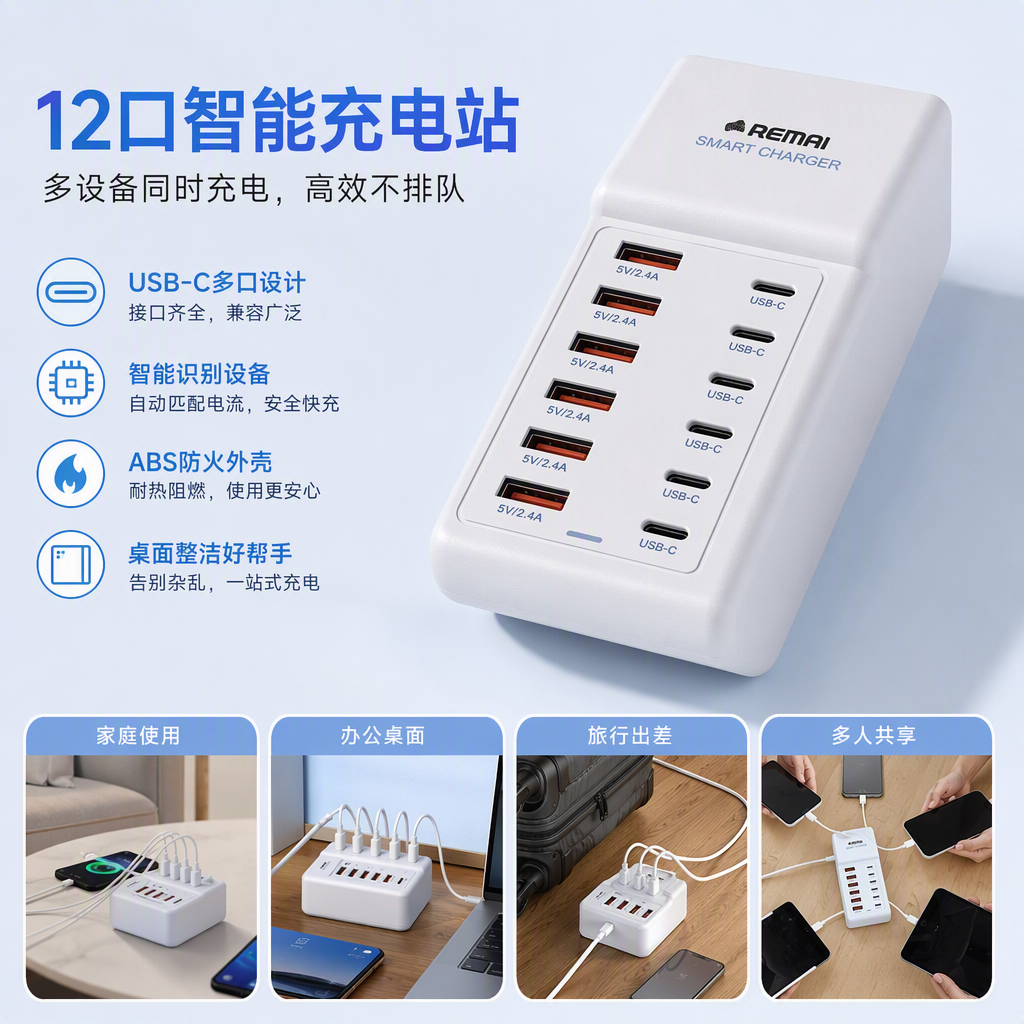 Multi-functional white fast charging charger, portable mobile phone and tablet universal charging head, compatible with fast charging technology
