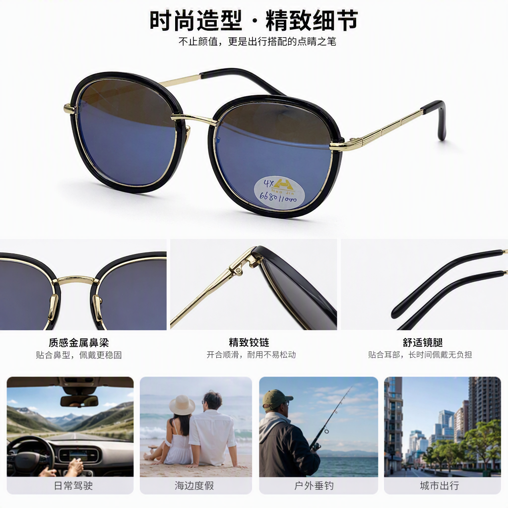 Fashionable golden fine-beam blue gradient lens polarized sunglasses with black frames, trendy and casual for both men and women