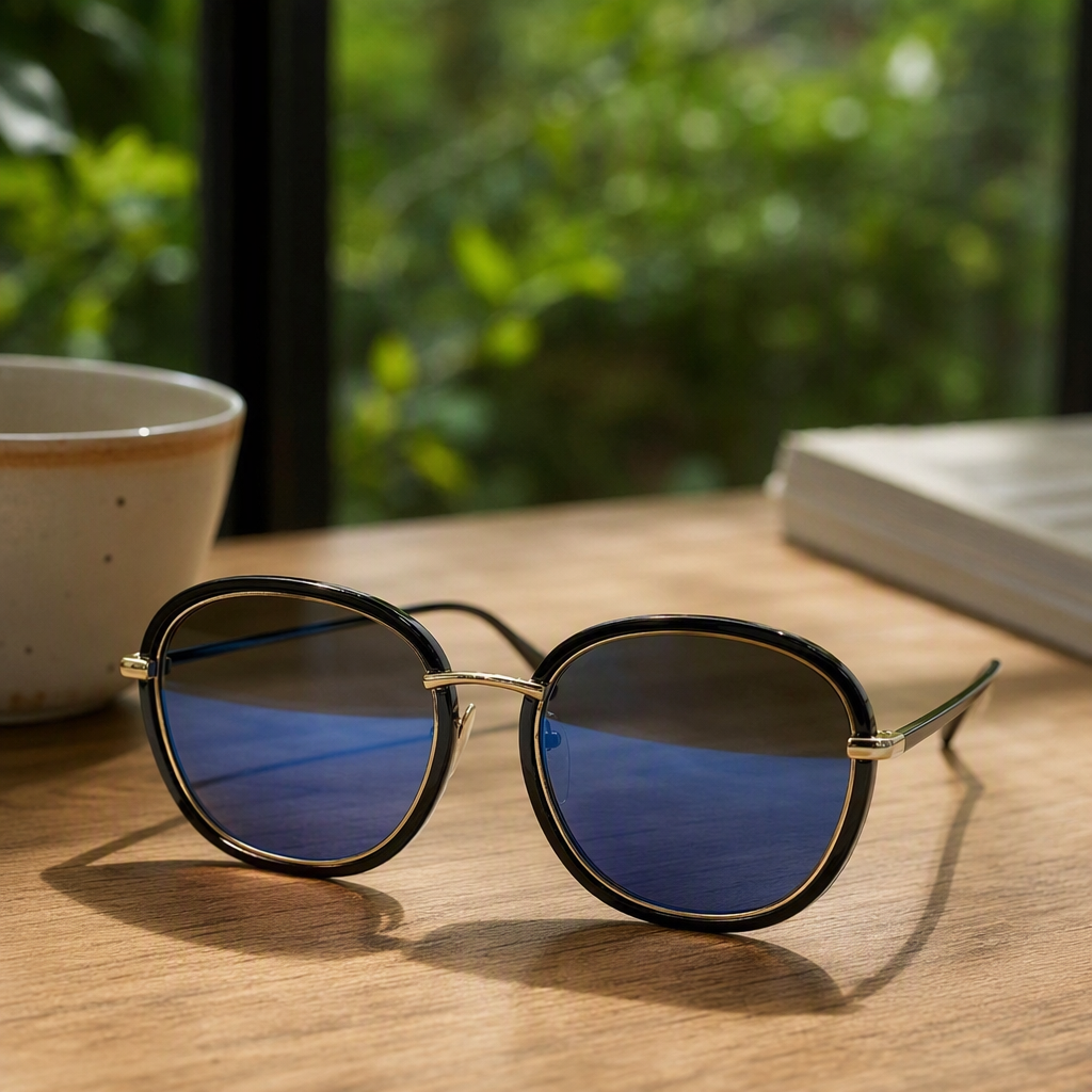 Fashionable golden fine-beam blue gradient lens polarized sunglasses with black frames, trendy and casual for both men and women details Picture