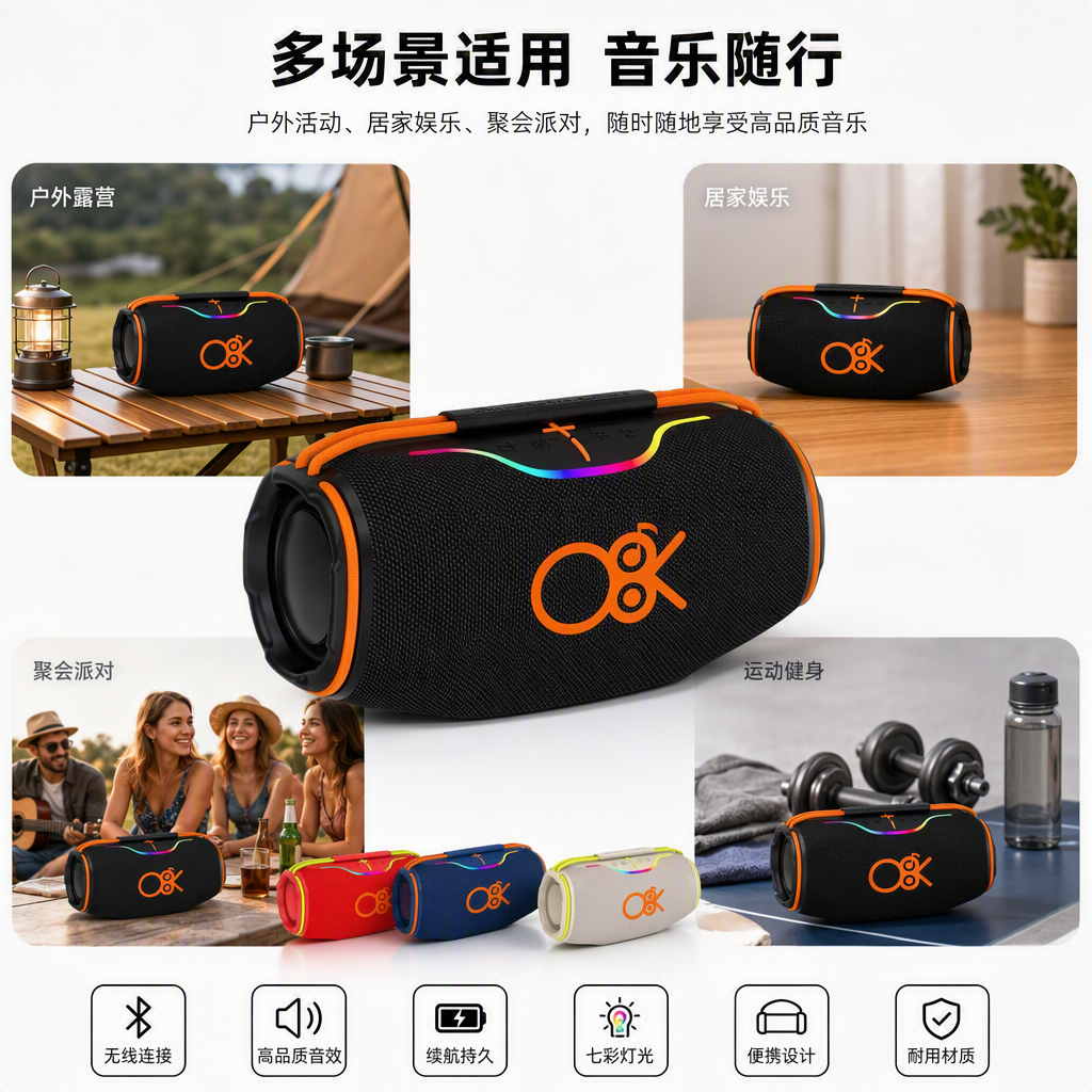 Colorful portable Bluetooth speaker, mini wireless outdoor portable waterproof portable speaker with light, colorful trendy model