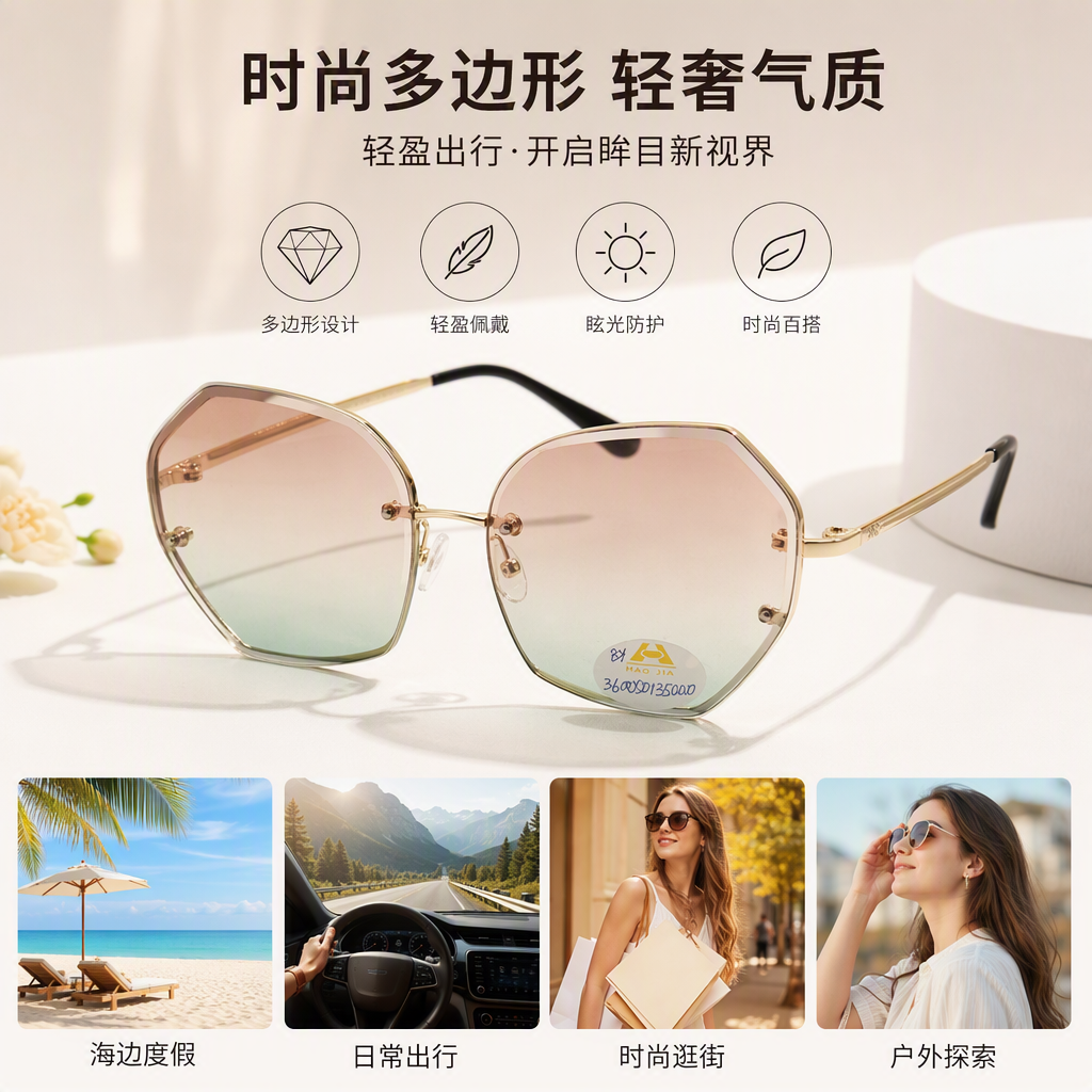 Golden-framed gradient lens fashionable sunglasses, UV-blocking polarized sunglasses for both men and women, trendy and versatile