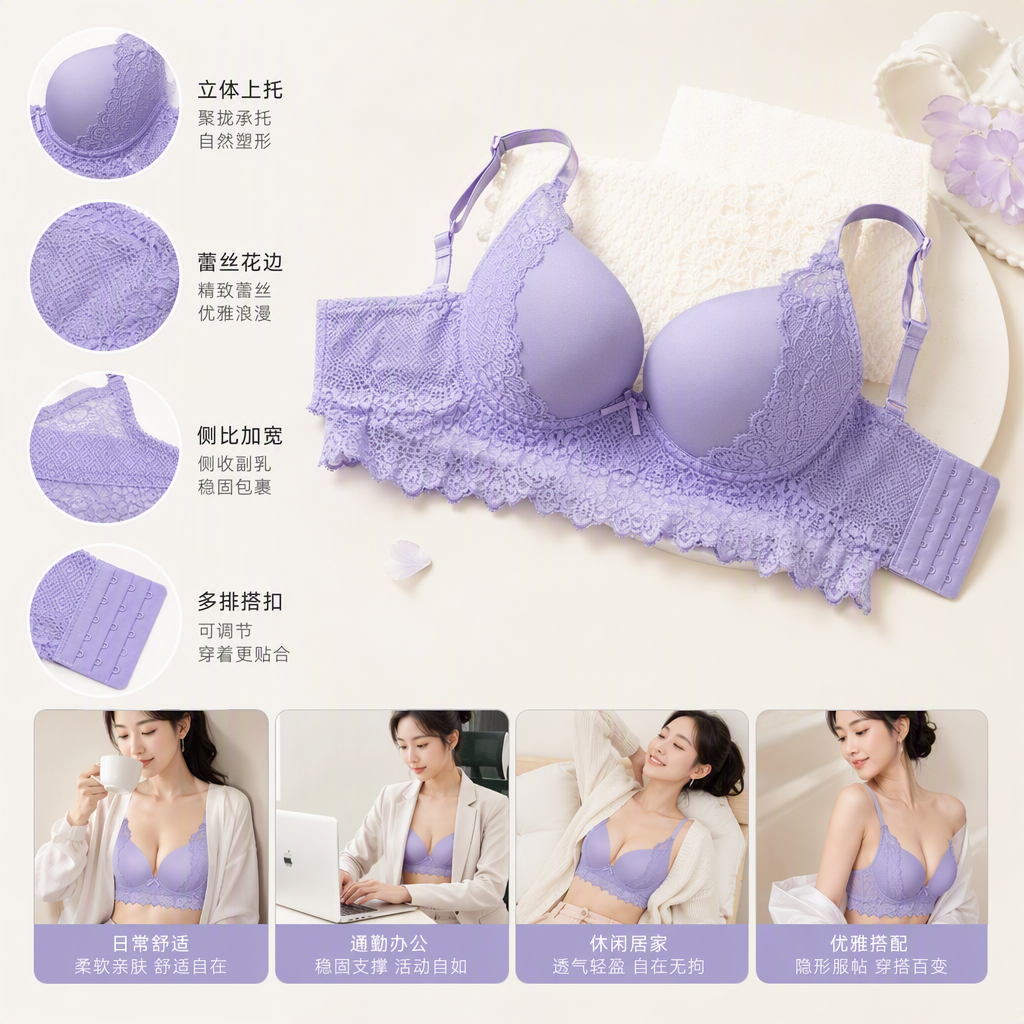 The multi-color lace bra with a layered design is comfortable, breathable and sexy. The women's purple lace underwear comes in a variety of styles