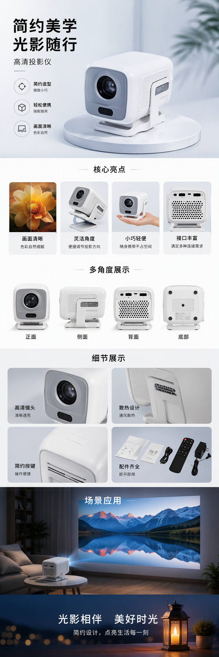 高清智能家用投影设备白色便携式投影仪高清投屏大屏幕家庭影院详情1