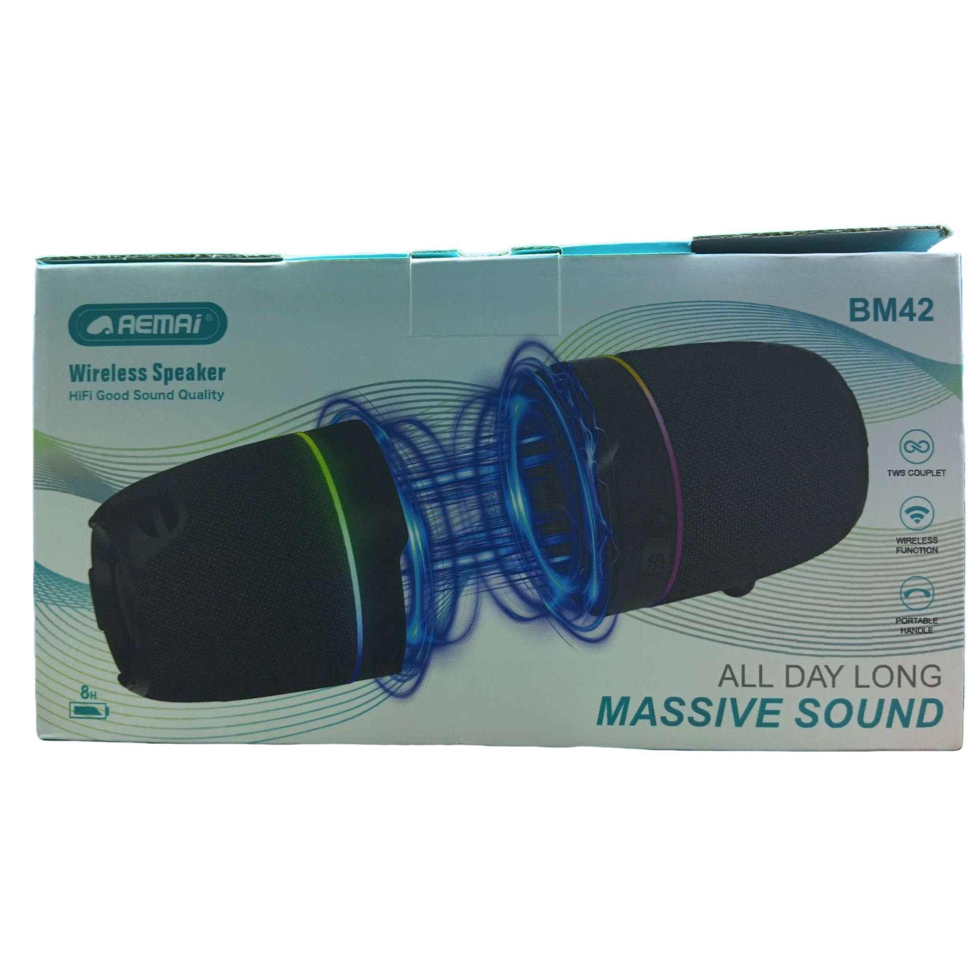 Black portable wireless speaker, color light strip, sound wave pattern, multi-functional portable Bluetooth speaker, packaging box display Application Scenario