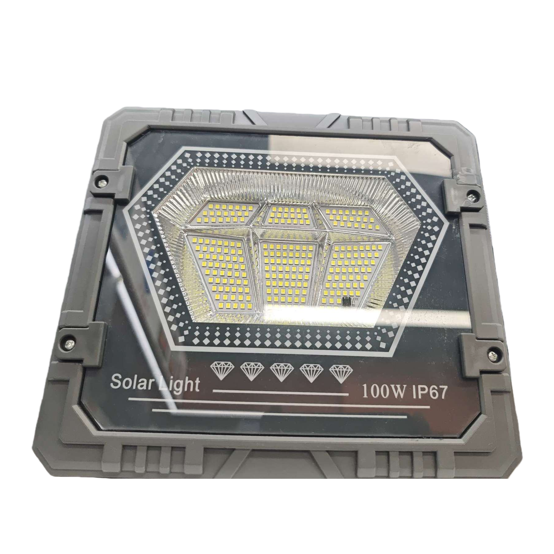 Grey square LED solar floodlight with diamond array design, waterproof 100W solar outdoor lighting, IP67 durable lamp Item Picture