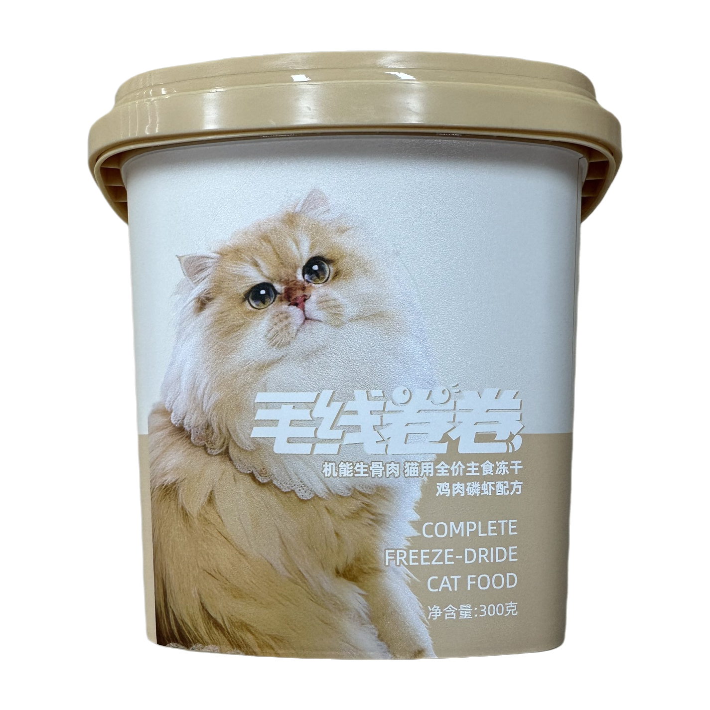 Beige bucket cat food, long-haired cat pattern, wool roll words, pet snack, nutritional supplement, 60g package Item Picture