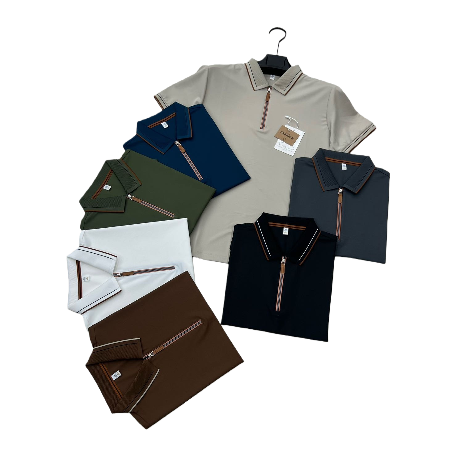 مجموعة متعددة الألوان من قمصان الأكمام القصيرة ذات السحاب المتعدد الألوان Item Picture