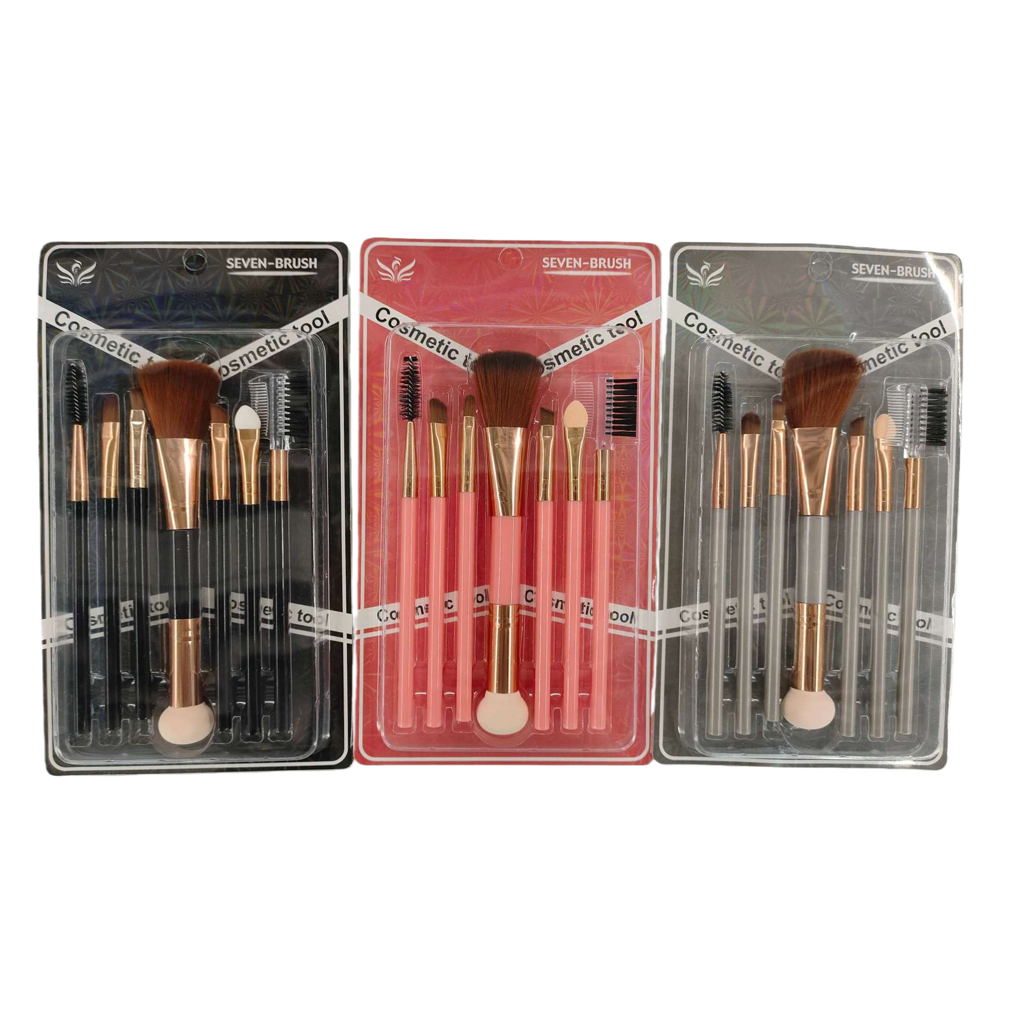 Seven-piece multi-color handle makeup brush set, pink, black, grey with rose gold decorative eyebrow comb mascara brush beauty tool combination Item Picture