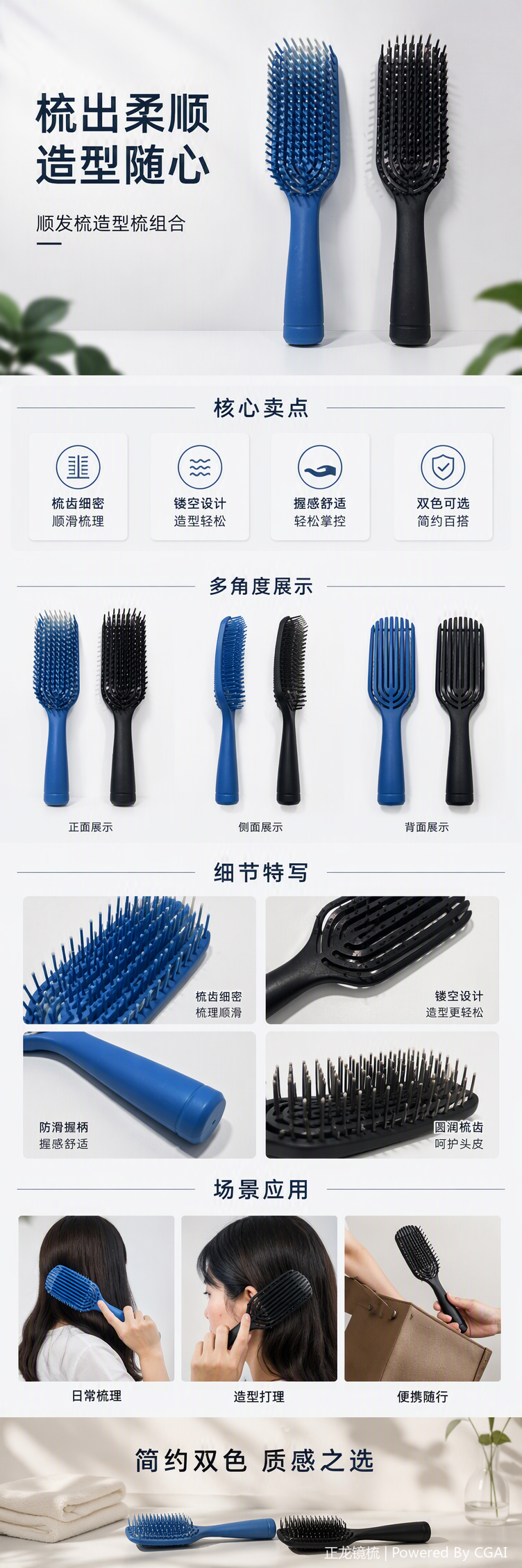 时尚蓝黑双色梳子防静电耐用便携发型整理工具男女通用详情1