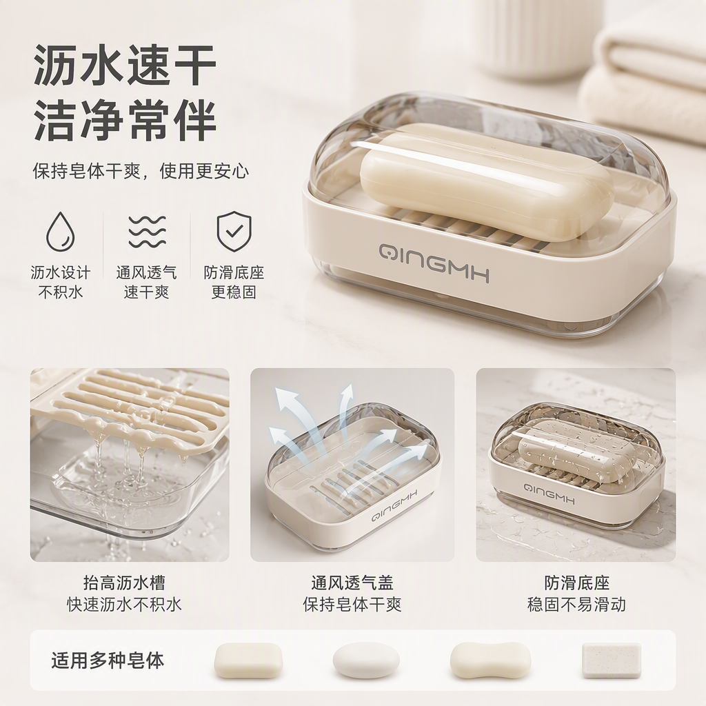 【CL】26Q3#6223 meters White ceramic soap box with transparent lid storage set, bubble net left door household hand soap stand grid design