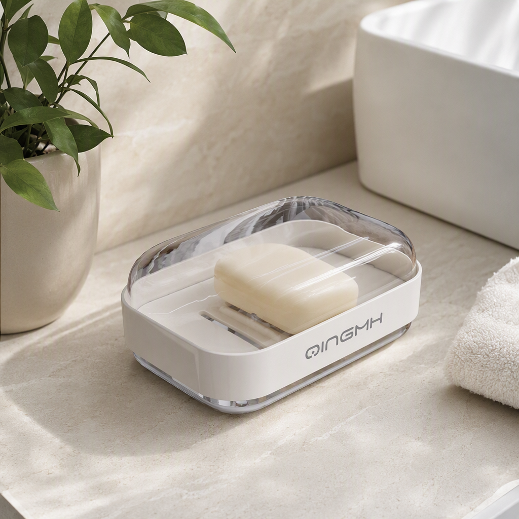 【CL】26Q3#6223 meters White ceramic soap box with transparent lid storage set, bubble net left door household hand soap stand grid design details Picture