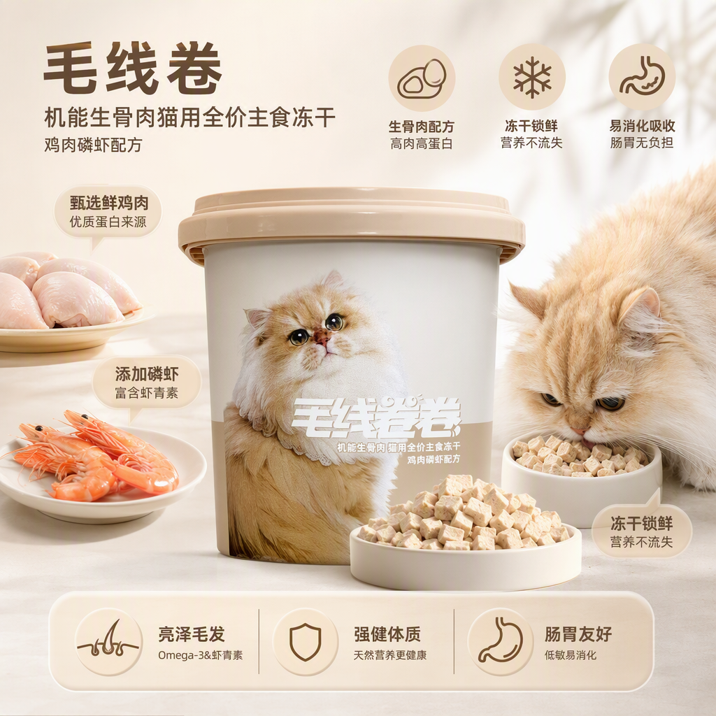 Beige bucket cat food, long-haired cat pattern, wool roll words, pet snack, nutritional supplement, 60g package