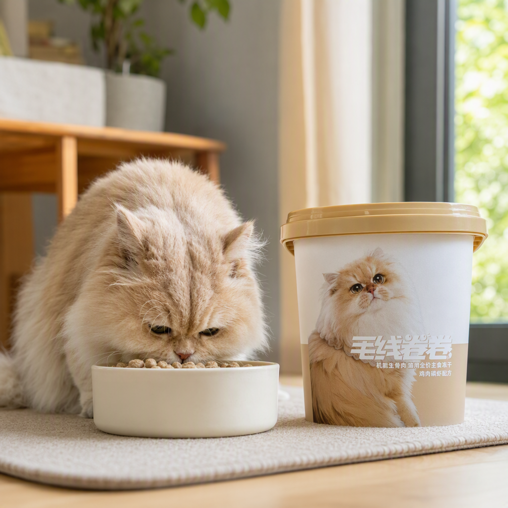 Beige bucket cat food, long-haired cat pattern, wool roll words, pet snack, nutritional supplement, 60g package details Picture