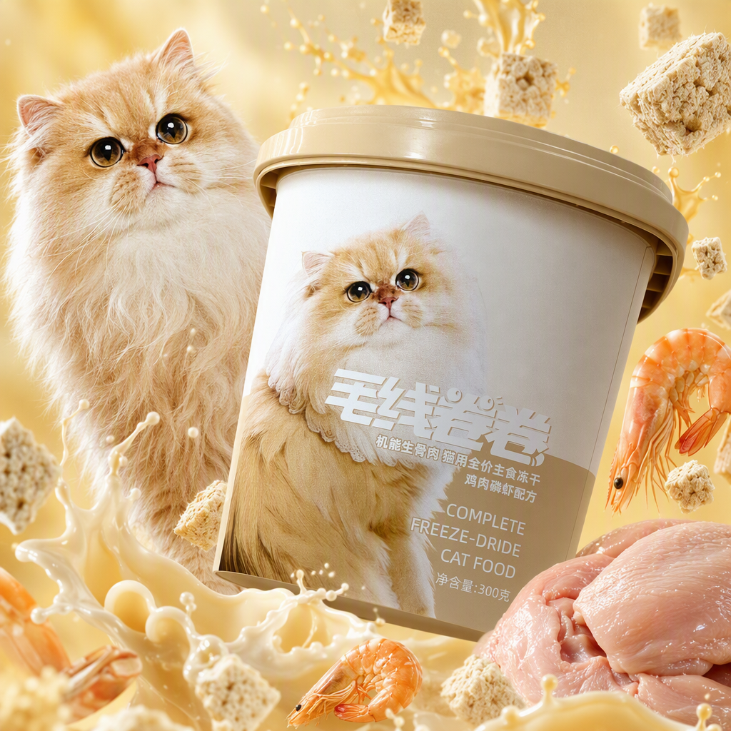 Beige bucket cat food, long-haired cat pattern, wool roll words, pet snack, nutritional supplement, 60g package Specification image