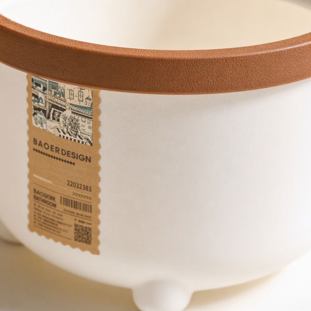 【CL】26Q3#Q9117 White with brown frame, pedal, flip lid, hollowed-out 6L hanging bucket, household kitchen and bathroom trash can Application Scenario