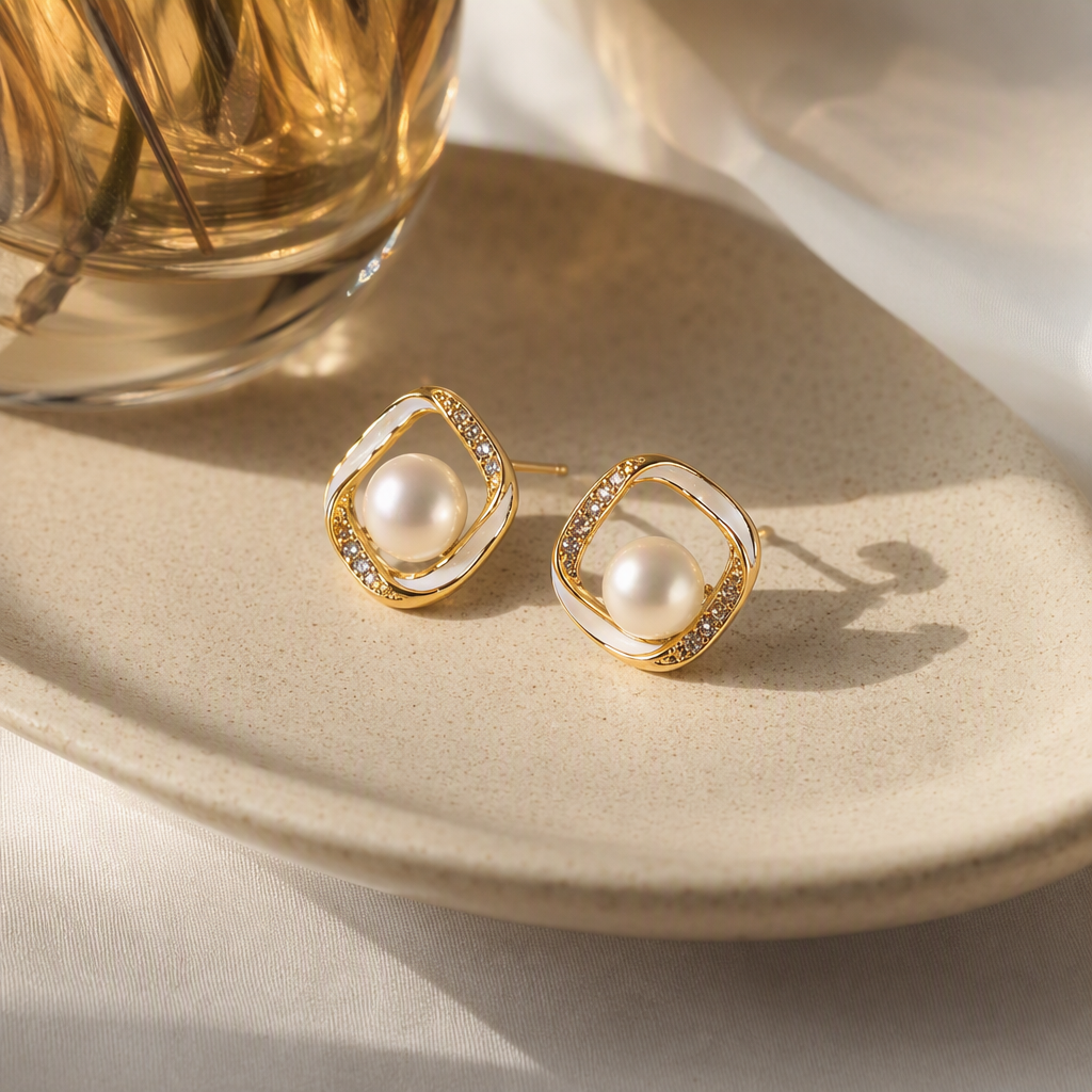 The golden pearl stud earrings are simple, elegant, fashionable and versatile. They are elegant earrings for women and can be given as gifts details Picture