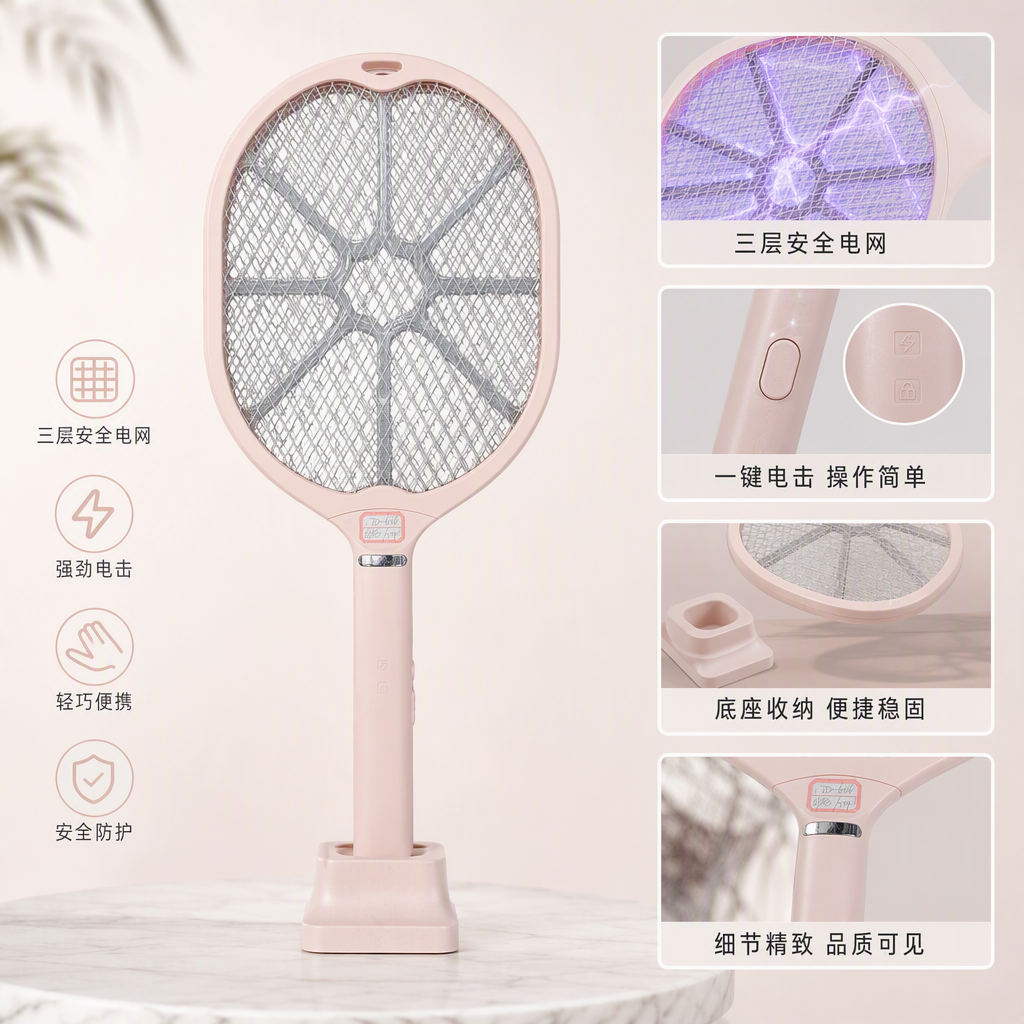 Pink portable electric mosquito swatter, hand-held mosquito killer, household mosquito repellent and catcher, rechargeable mosquito repellent wonder