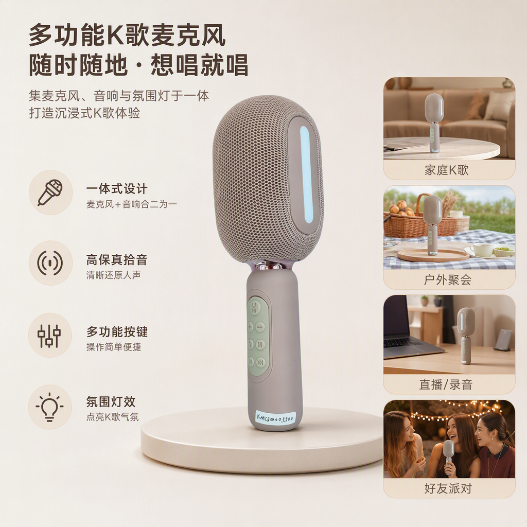 Pink microphone speaker, multi-functional Bluetooth portable singing and entertainment, suitable for both children and adults