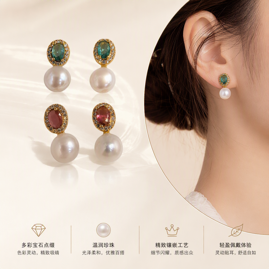 White jewelry box, four pearl stud earrings, emeralds, rubies and diamond-encrusted jewelry, elegant earrings gift box