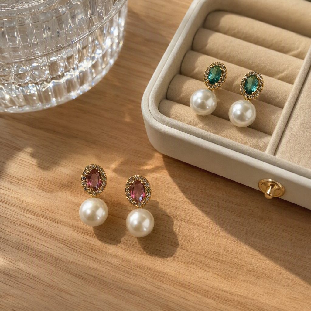 White jewelry box, four pearl stud earrings, emeralds, rubies and diamond-encrusted jewelry, elegant earrings gift box details Picture