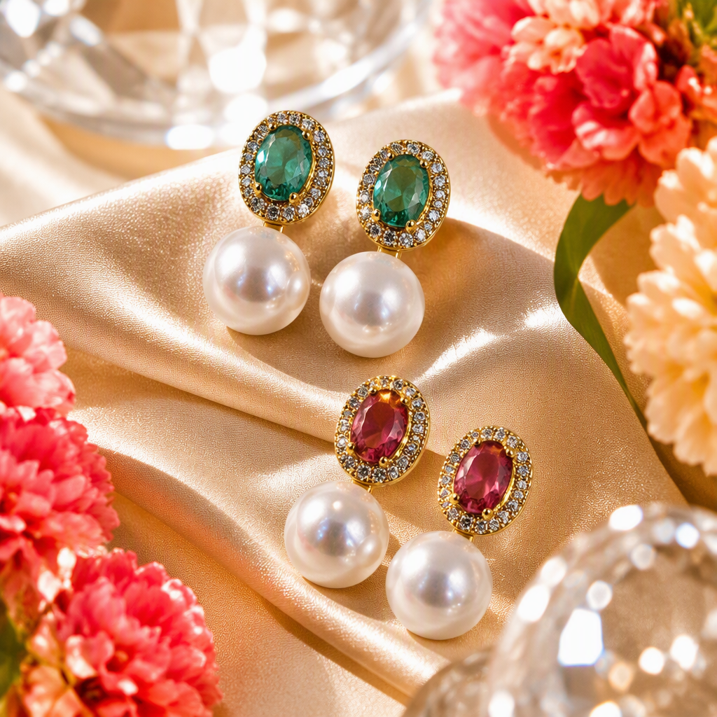 White jewelry box, four pearl stud earrings, emeralds, rubies and diamond-encrusted jewelry, elegant earrings gift box Specification image