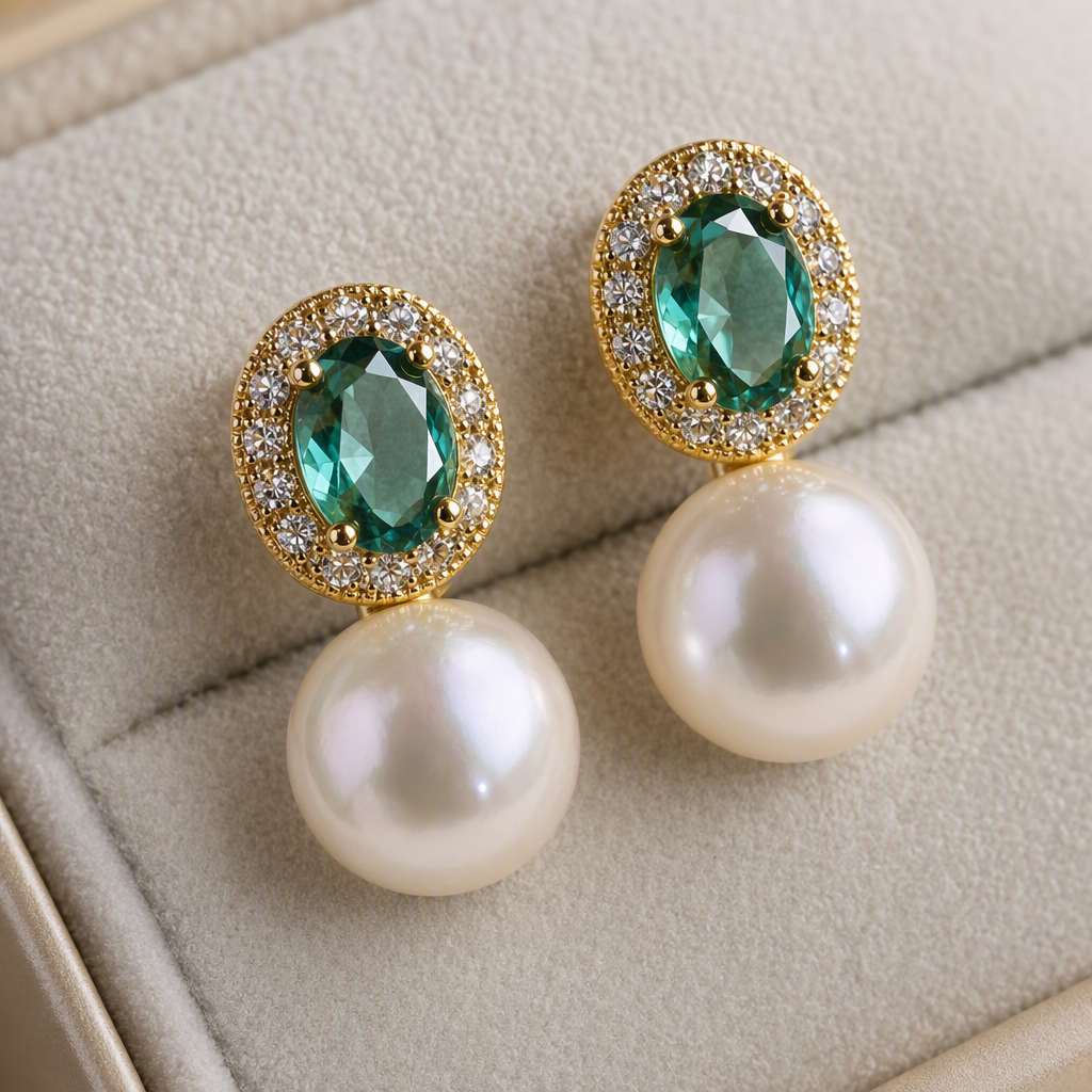 White jewelry box, four pearl stud earrings, emeralds, rubies and diamond-encrusted jewelry, elegant earrings gift box Application Scenario