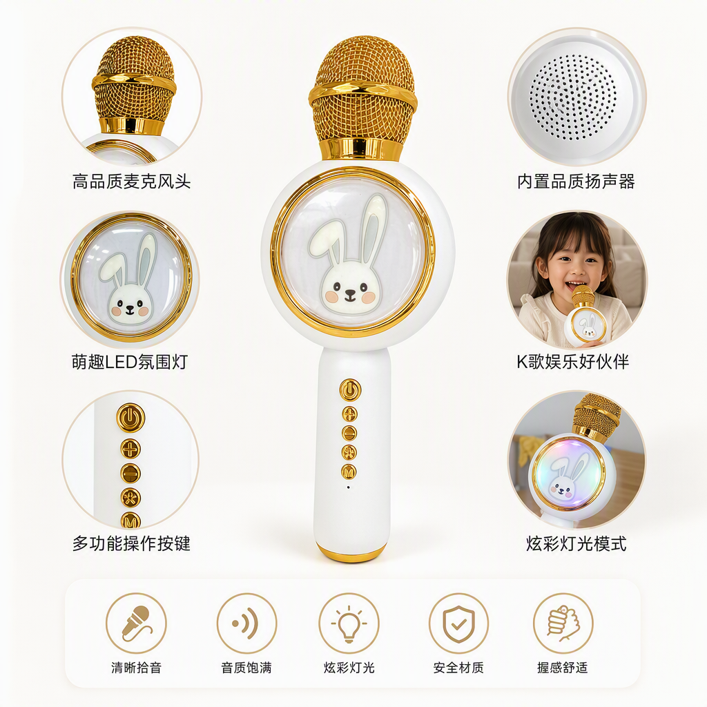 A golden mesh microphone paired with a white rabbit-shaped decorative handheld device, a creative audio accessory, is a must-have trendy item for performances