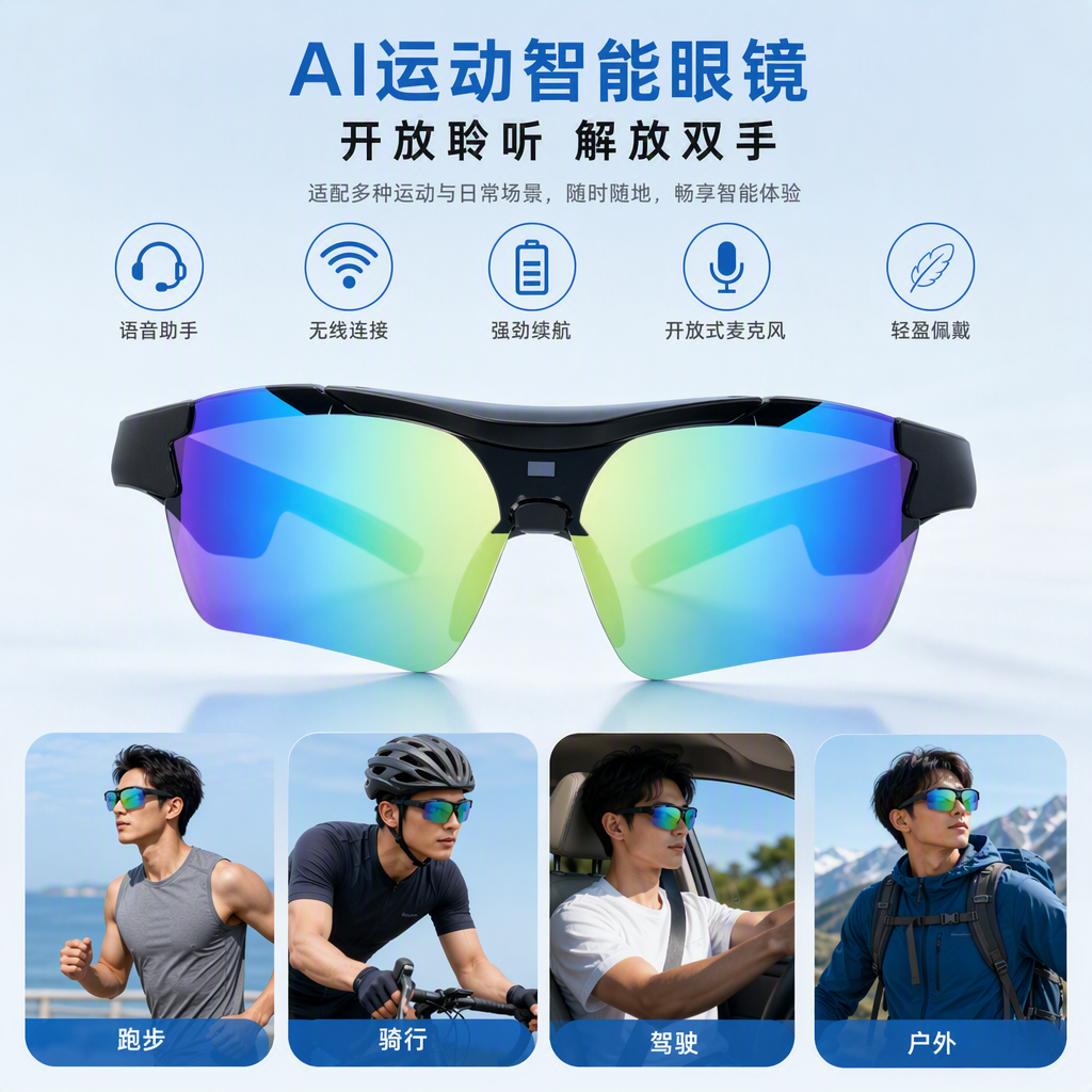 多彩镜片运动智能眼镜时尚潮流高清显示蓝牙连接运动必备