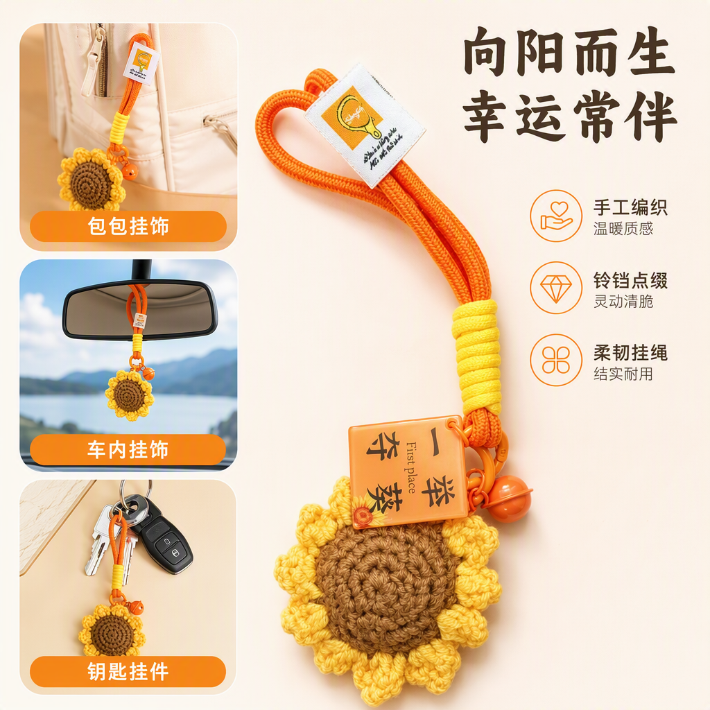 向日葵钩针钥匙扣橙色绳索黄色螺旋挂饰橙色标签创意手工饰品礼品