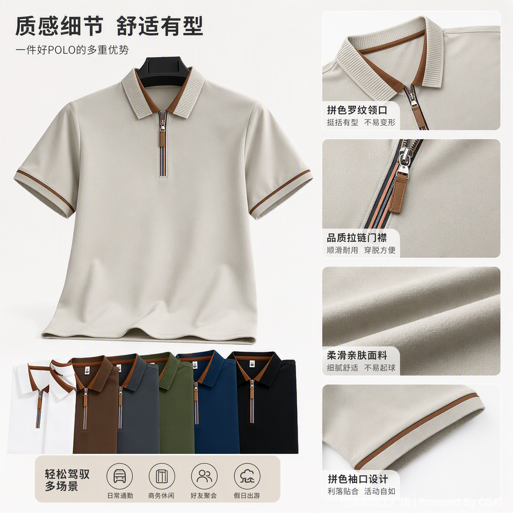 多色拼接领短袖Polo衫男士休闲运动百搭夏季潮流上衣宽松款详情2
