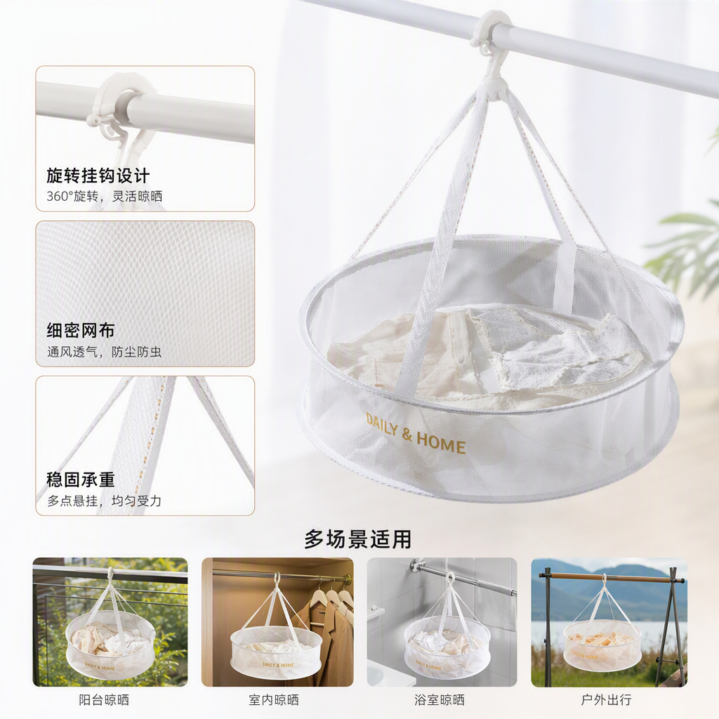 【CL】26Q2#776  白色悬挂式晾衣篮配旅行晾衣绳多功能晾晒网尼龙绳可移动家庭户外晾衣架