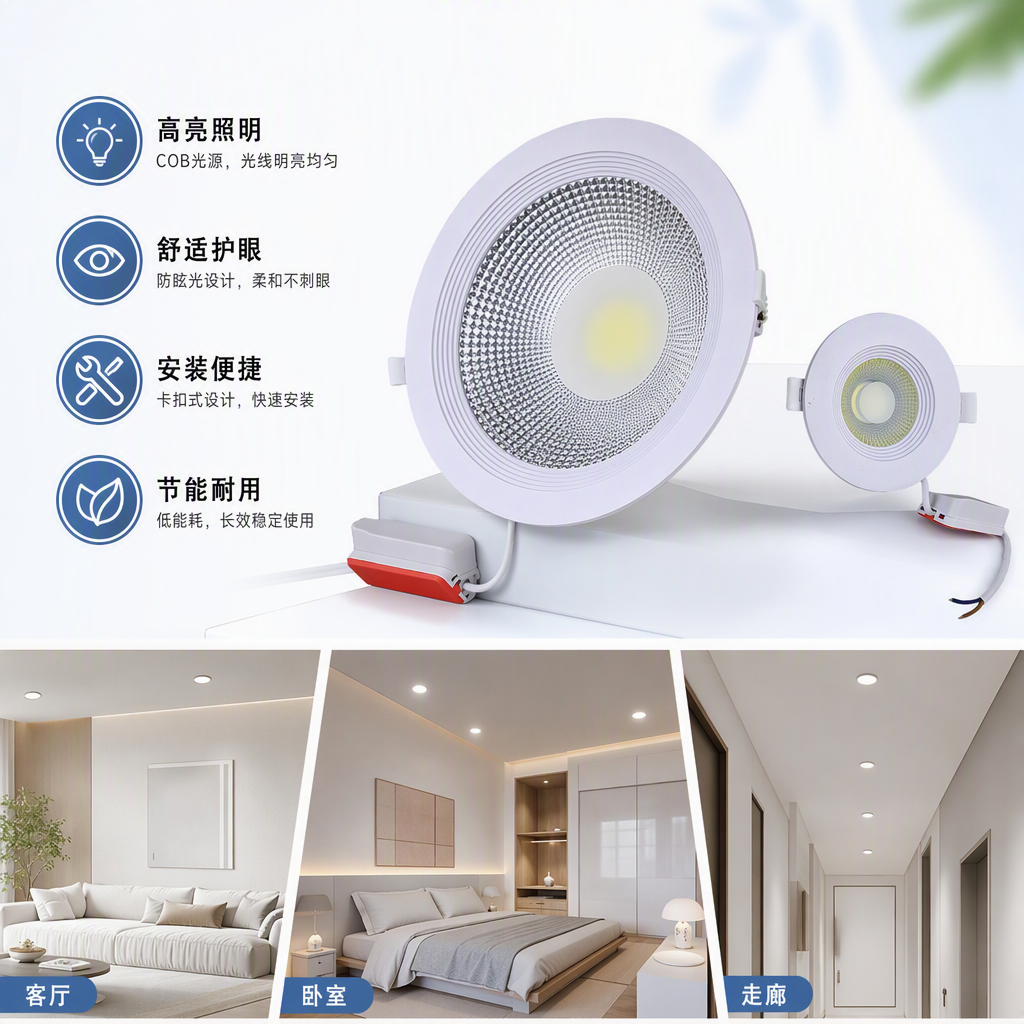 Two types of white LED downlights with embedded circular heat dissipation fins and power cable boxes are designed as simple lighting fixtures