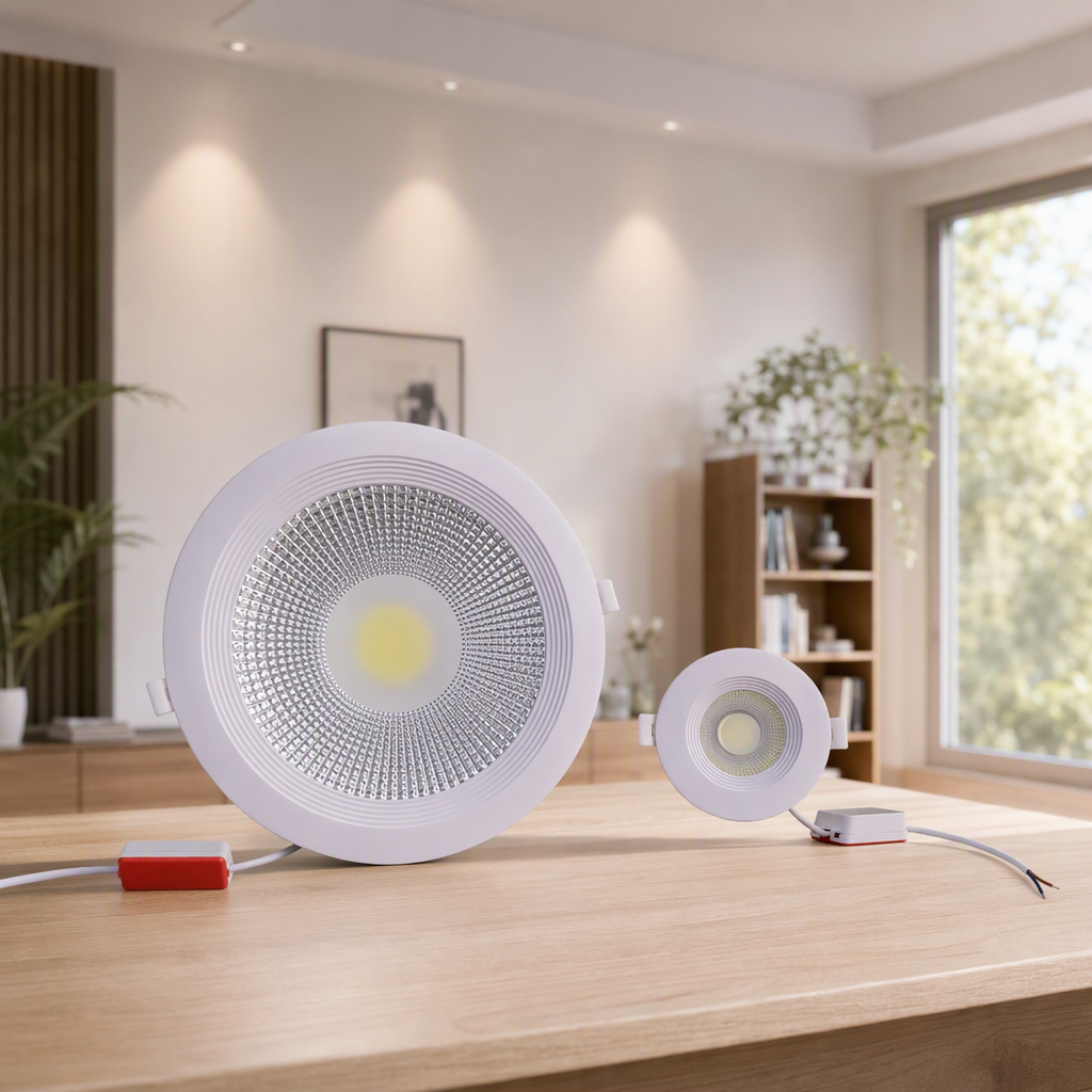 Two types of white LED downlights with embedded circular heat dissipation fins and power cable boxes are designed as simple lighting fixtures details Picture