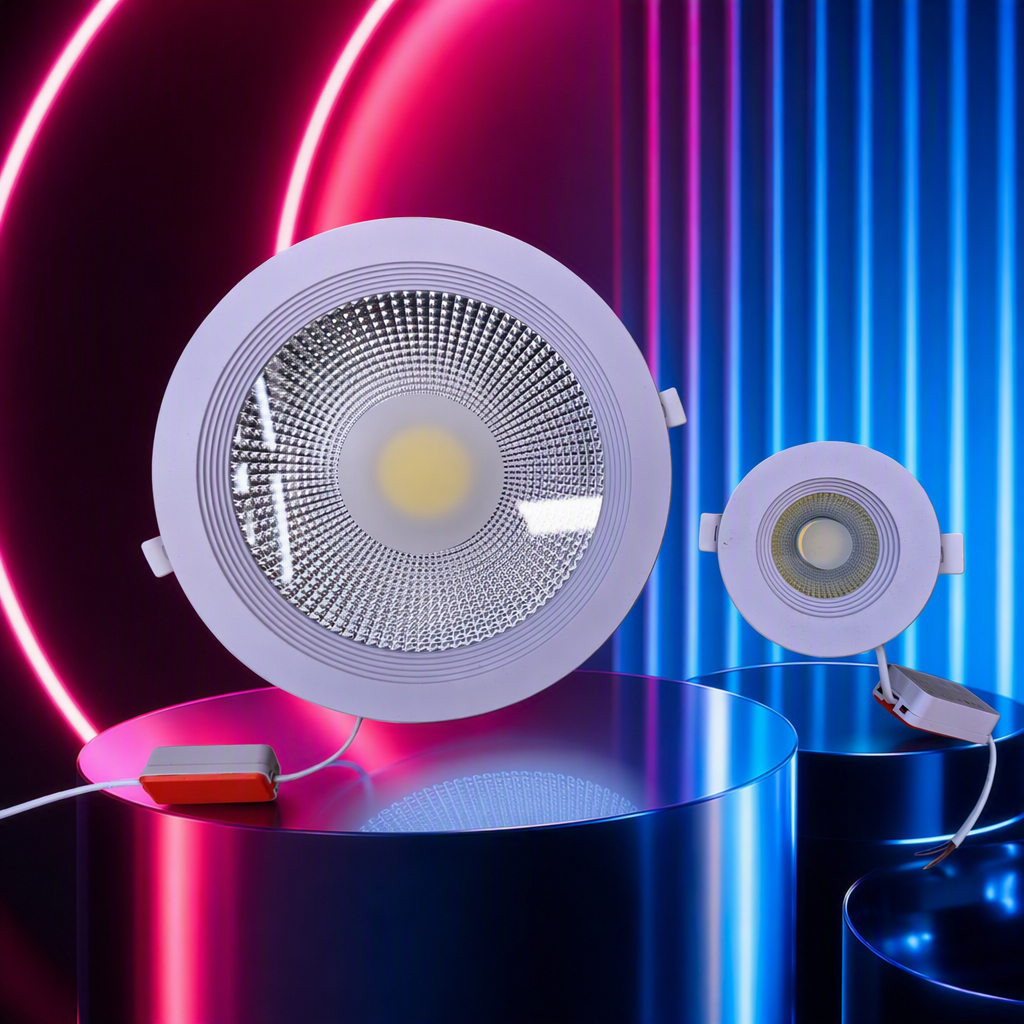 Two types of white LED downlights with embedded circular heat dissipation fins and power cable boxes are designed as simple lighting fixtures Specification image