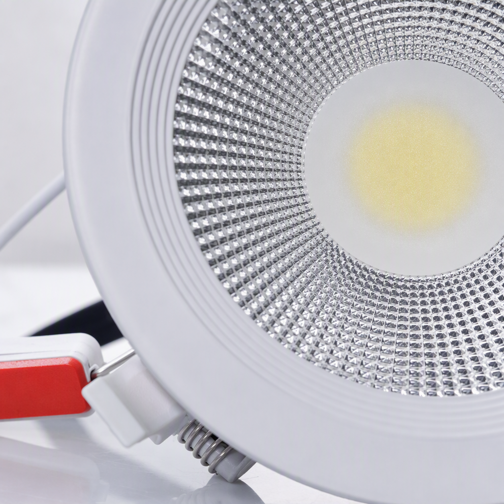 Two types of white LED downlights with embedded circular heat dissipation fins and power cable boxes are designed as simple lighting fixtures Application Scenario