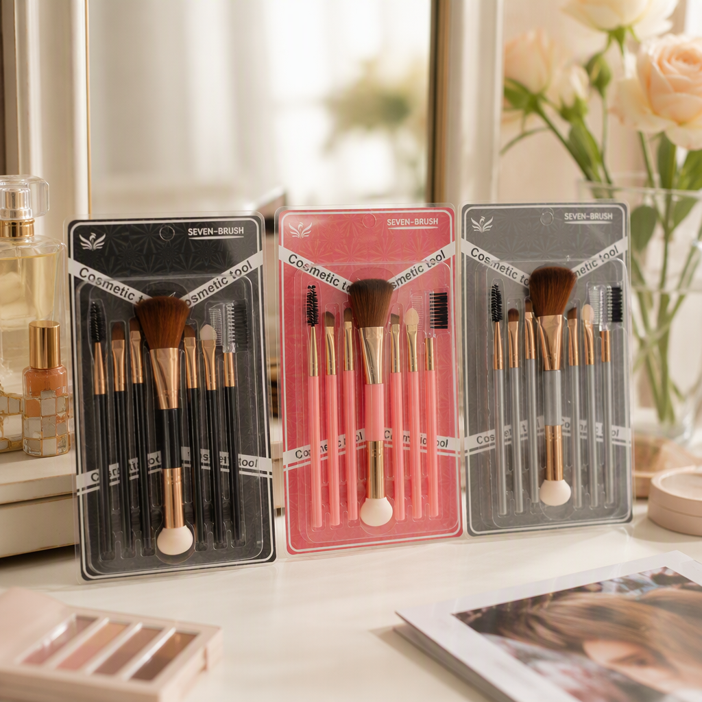 Seven-piece multi-color handle makeup brush set, pink, black, grey with rose gold decorative eyebrow comb mascara brush beauty tool combination details Picture